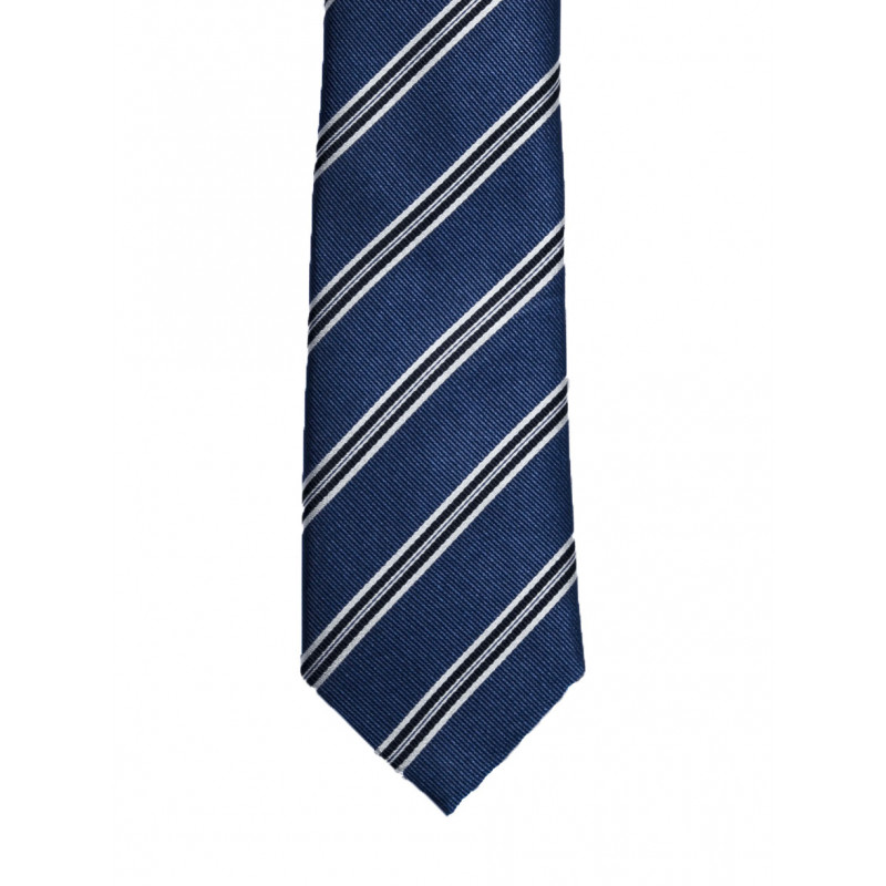 Cravate fine pure soie bleu marine rayé